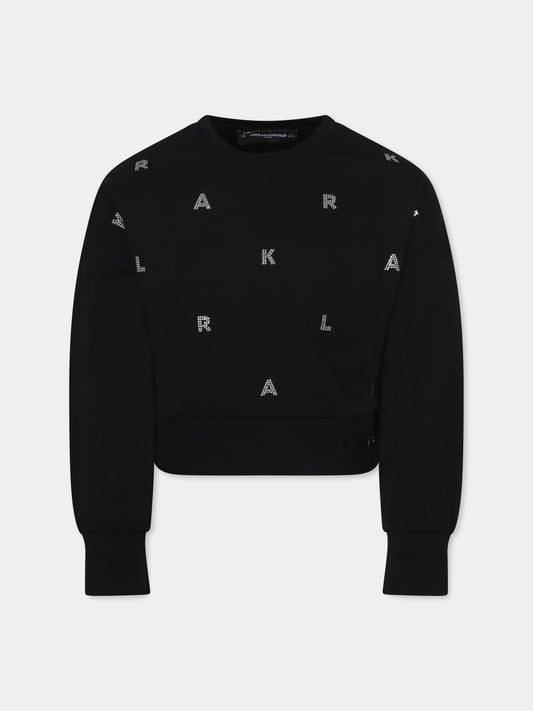 Felpa nera per bambina con logo e strass,Karl Lagerfeld Kids,Z30469 09B