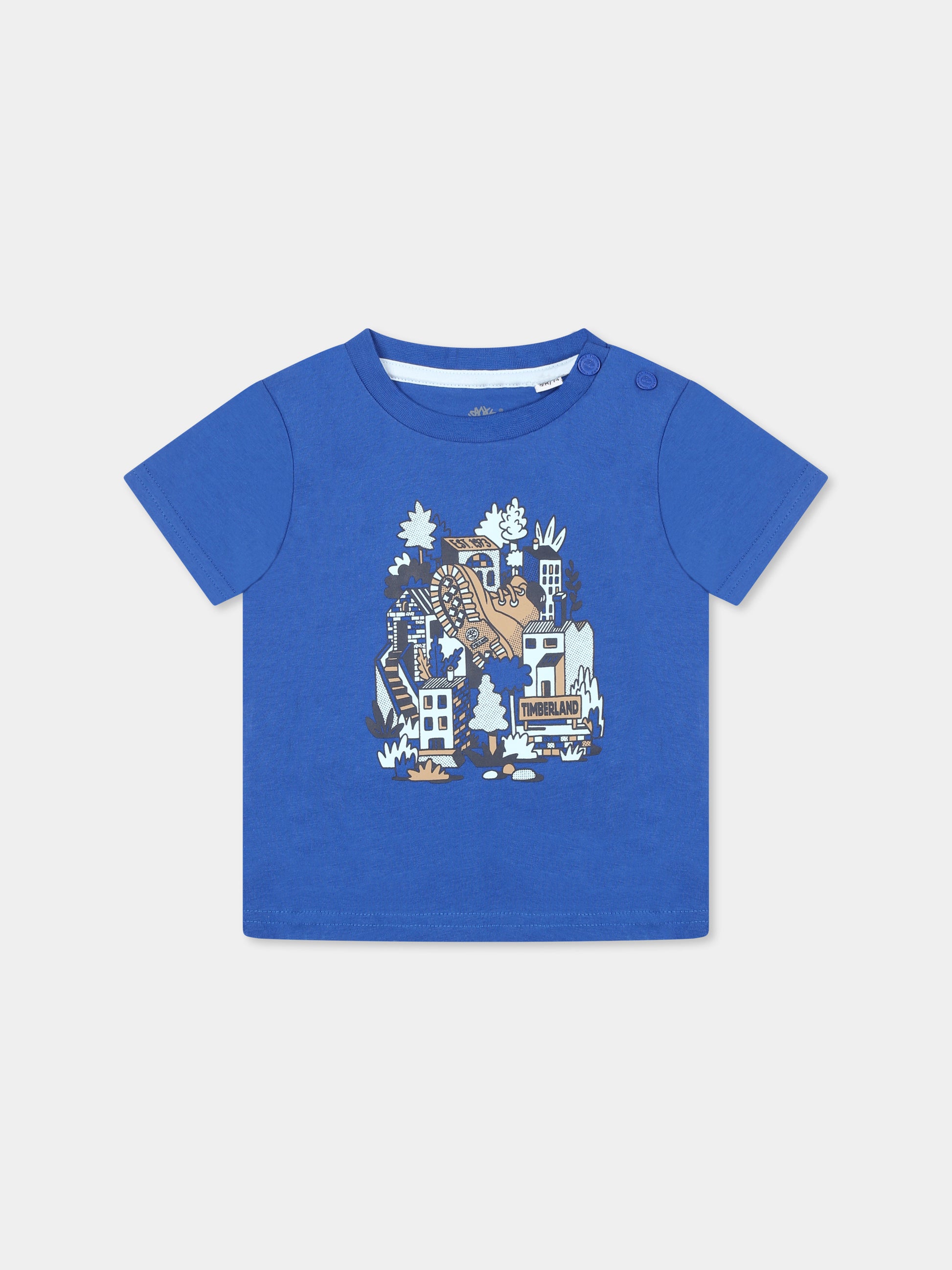 T-shirt azzurra per neonato con logo e scarpa,Timberland,T60512 81L