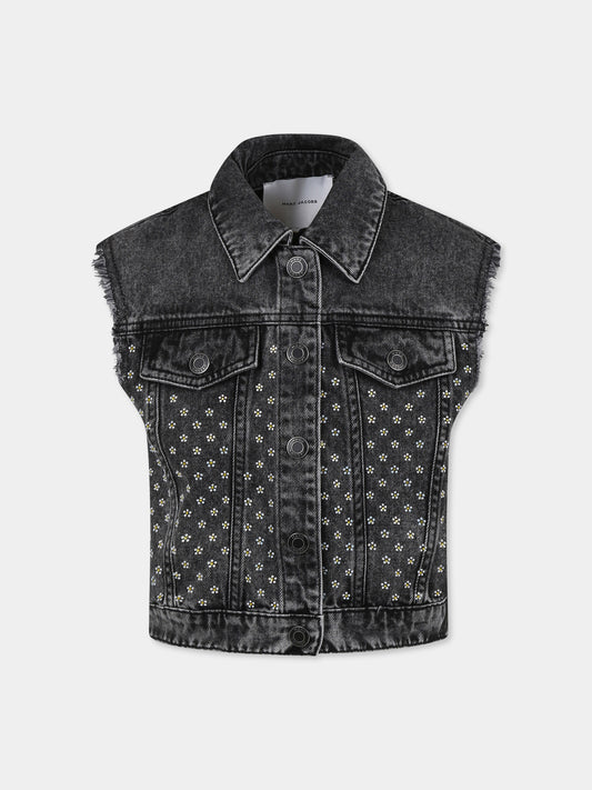 Gilet noir pour fille avec fleurs