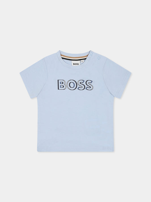 T-shirt celeste per neonato con logo,Boss,J52107 887