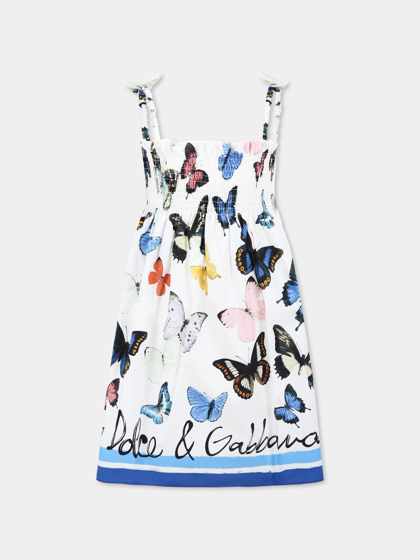 Vestito bianco per bambina con logo e farfalle,Dolce & Gabbana Kids,L54DE0 FI5KS HB5KB