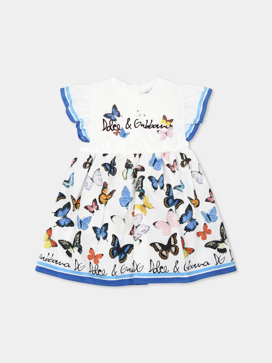 Vestito bianco per neonata con logo e farfalle,Dolce & Gabbana Kids,L2JD9P G7O0M S9000