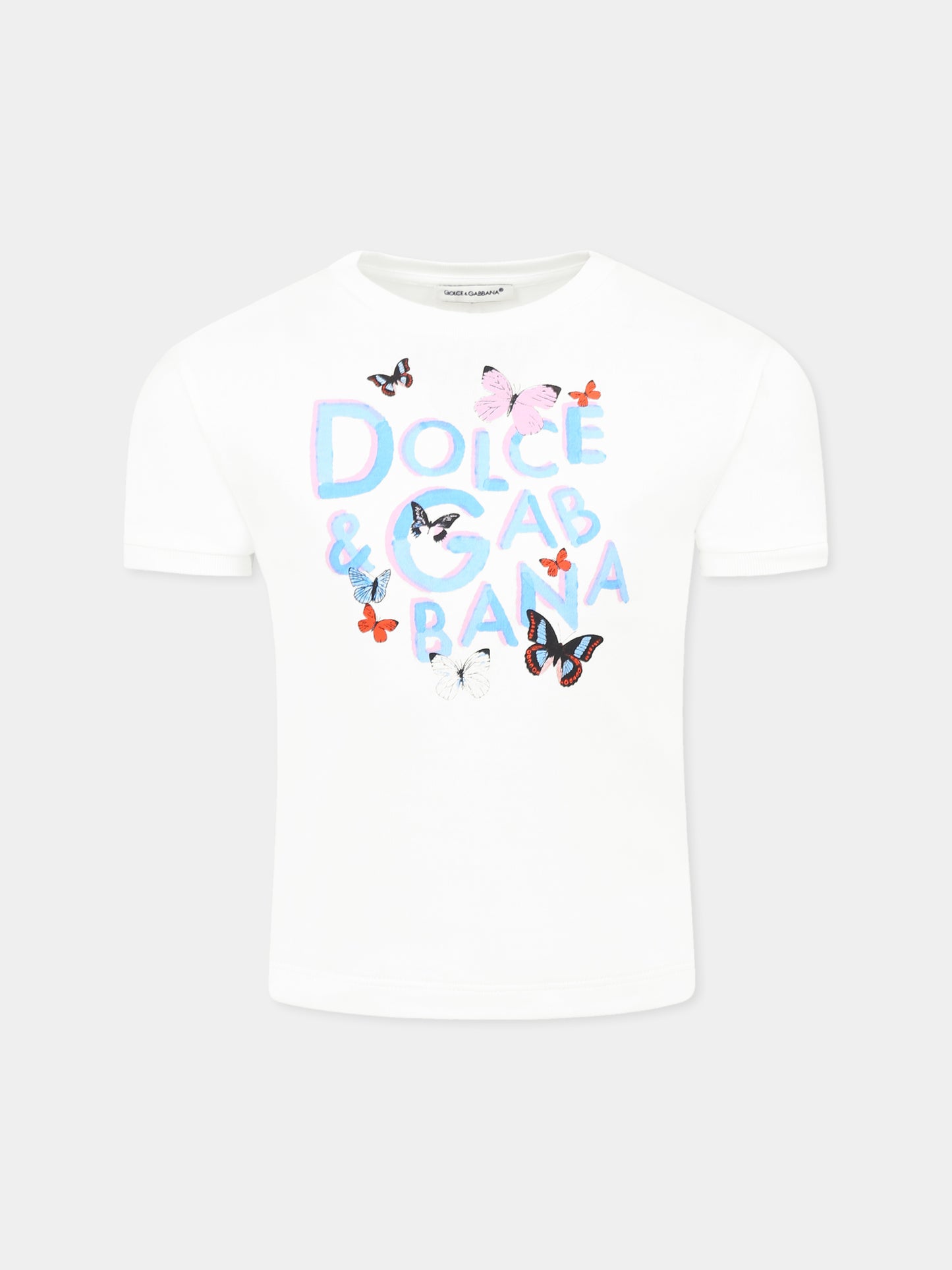 T-shirt bianca per bambina con logo e farfalle,Dolce & Gabbana Kids,L5JTNJ G7N8V W0111