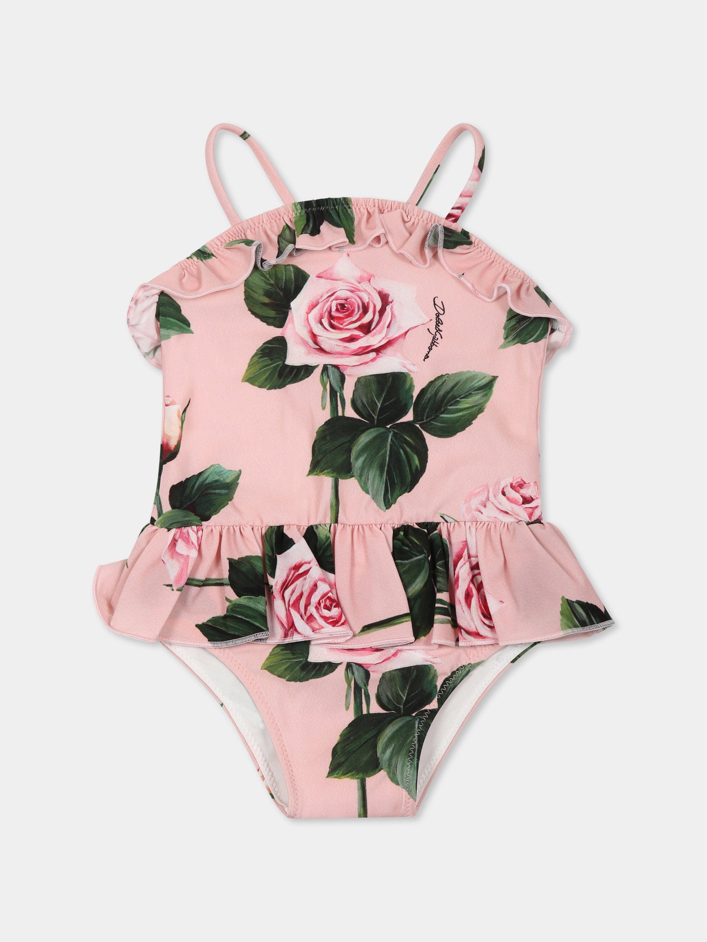 Costume intero rosa per neonata con rose,Dolce & Gabbana Kids,L2J861 ON04Q HF5IZ