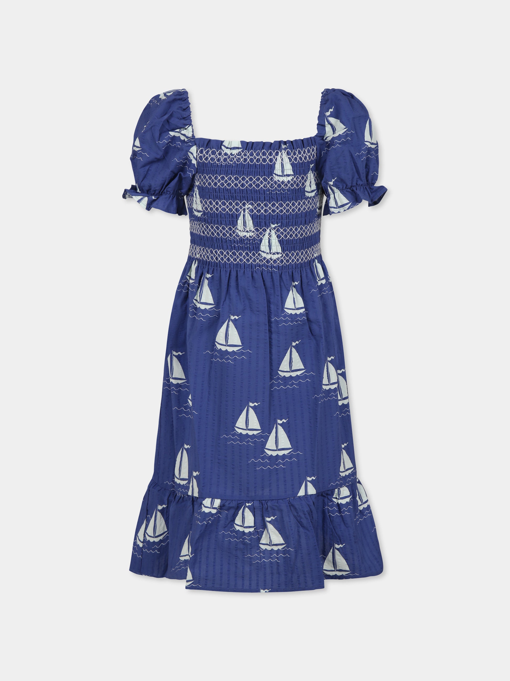 Vestito blu per bambina con barche a vela all over,Mini Rodini,2525011660