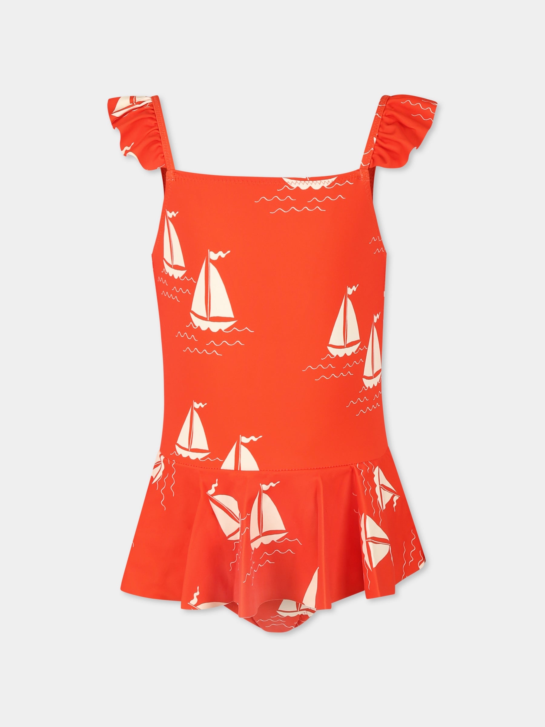 Costume intero rosso per bambina con barche a vela,Mini Rodini,2528010042