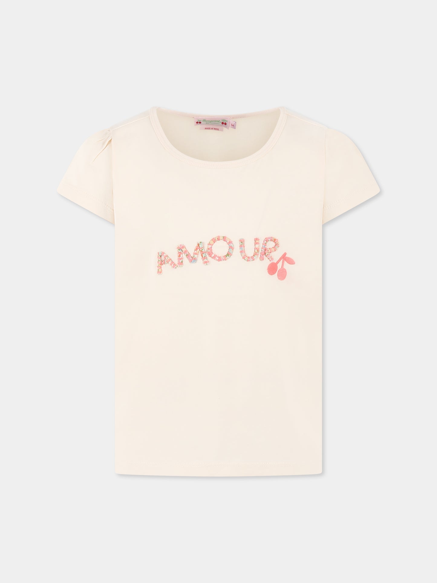 T-shirt rosa per bambina con scritta e ciliegie,Bonpoint,S05GTSK00009 125A