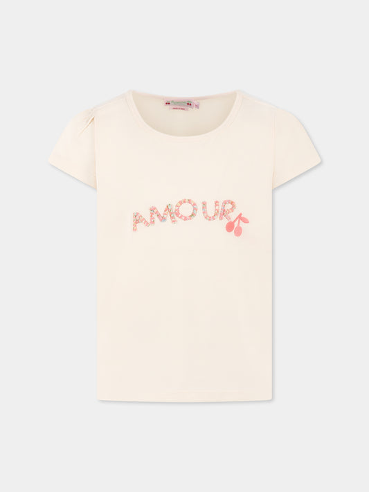 T-shirt rosa per bambina con scritta e ciliegie,Bonpoint,S05GTSK00009 125A