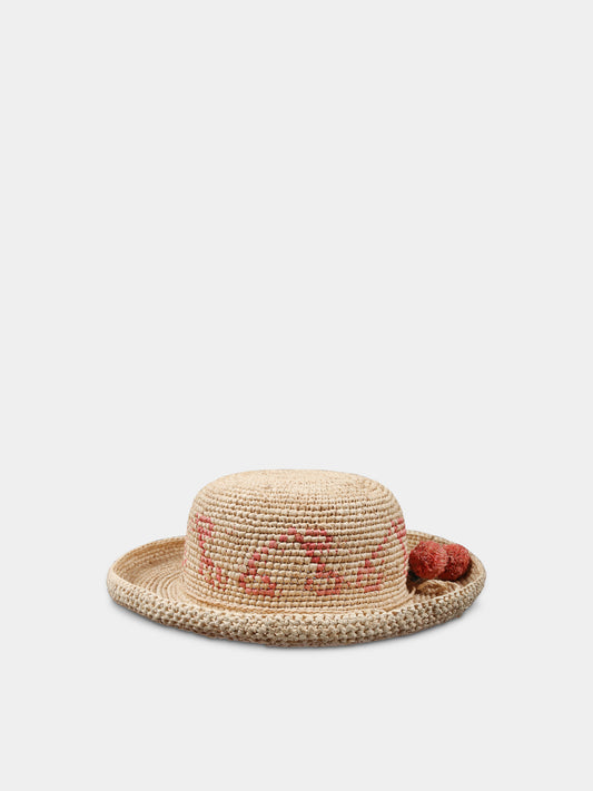 Chapeau en paille beige pour fille avec cerises