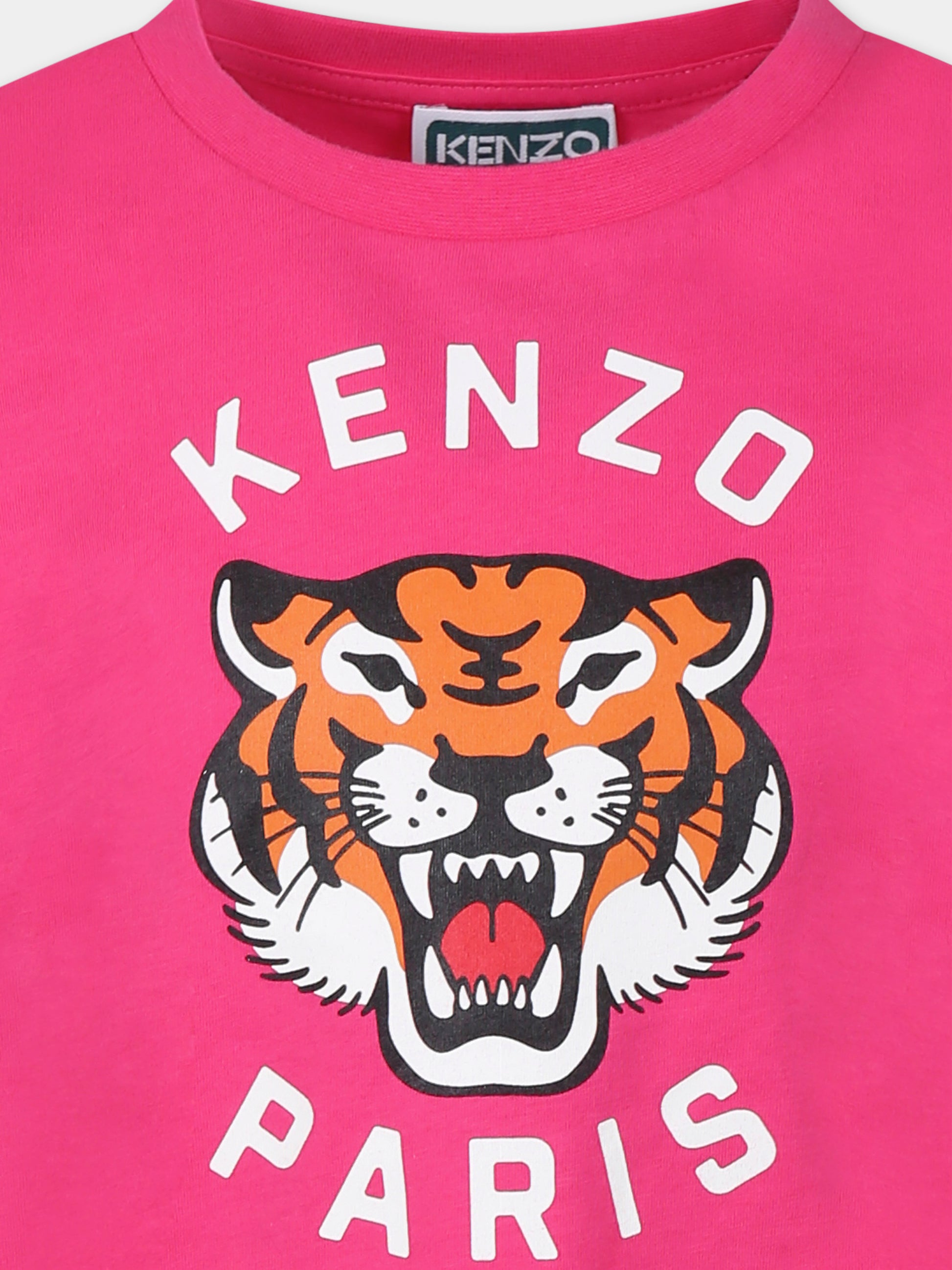 T-shirt fucsia per bambina con Lucky Tiger,Kenzo Kids,K61054 483