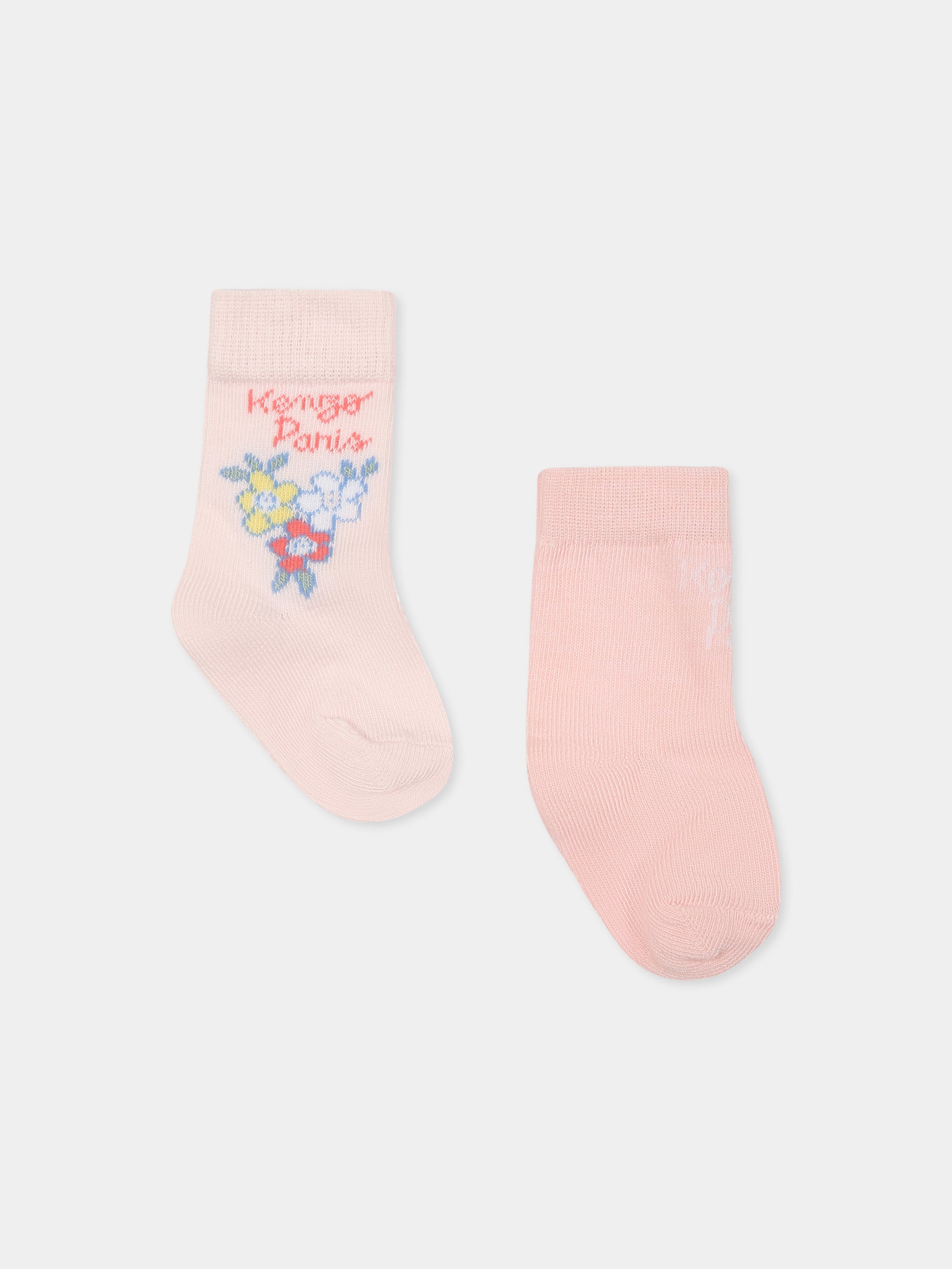 Set calzini rosa per neonata con logo e motivo floreale,Kenzo Kids,K60874 47R