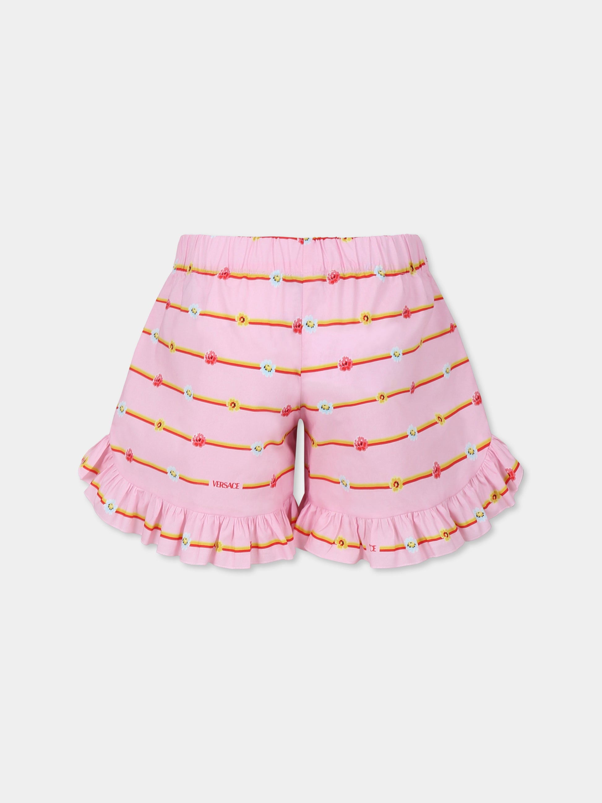 Shorts rosa per neonata con logo e fiori,Versace,1018692 1A13149 5PC00