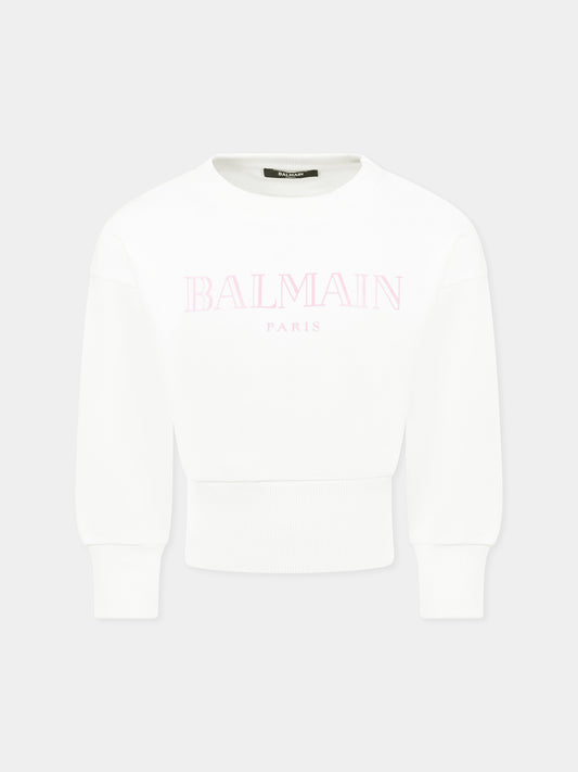 Felpa crop bianca per bambina con logo,Balmain Kids,BW4A20 Z0114 100RS