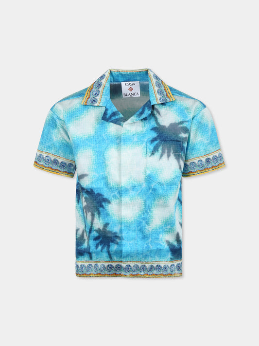 Camicia celeste per bambino con stampa palme,Casablanca,U KS25 SH 180 081 EX