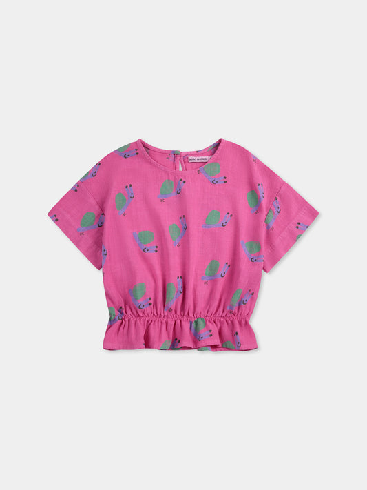 T-shirt crop fucsia per bambina con lumache all over,Bobo Choses,B125AC029