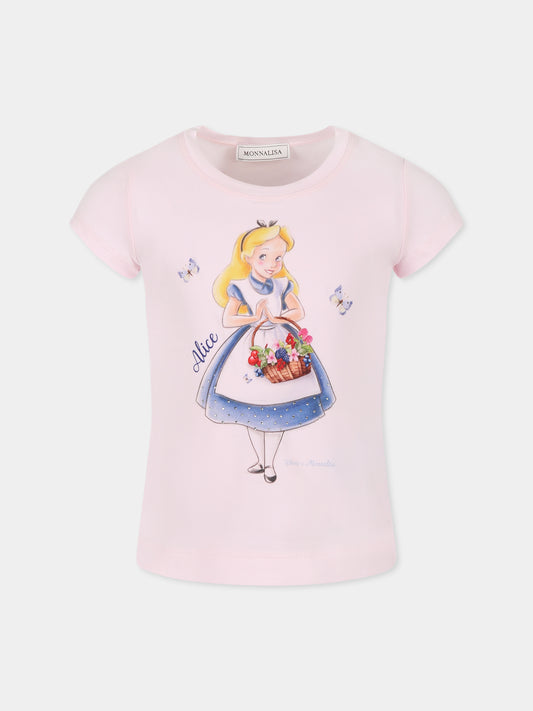 T-shirt rose pour fille avec Alice au Pays des Merveilles