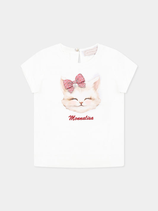T-shirt en coton blanc pour bébé fille avec chat