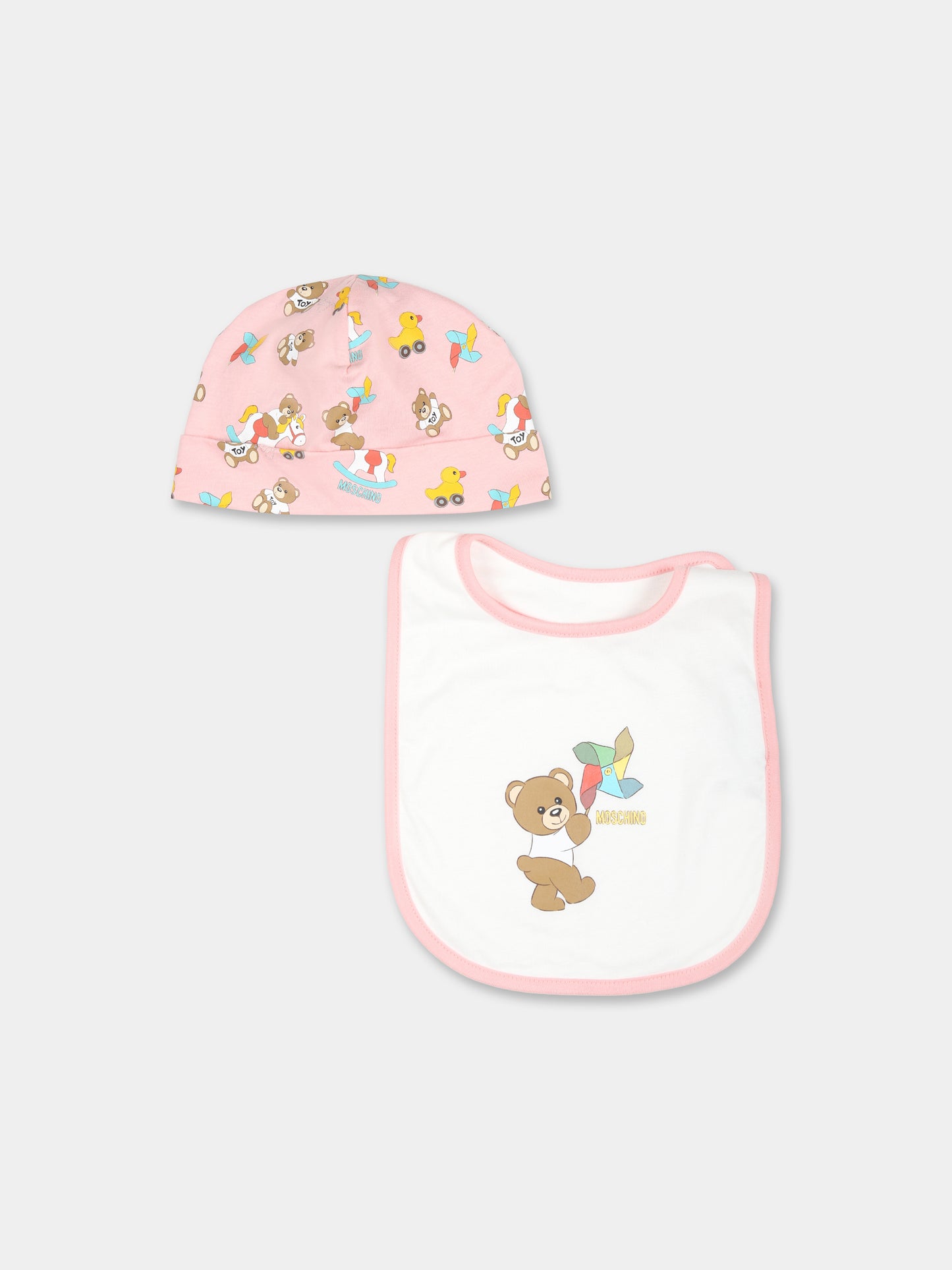 Set accessori rosa per neonata con Teddy Bear e papera,Moschino Kids,MUY06O LAB92 83536