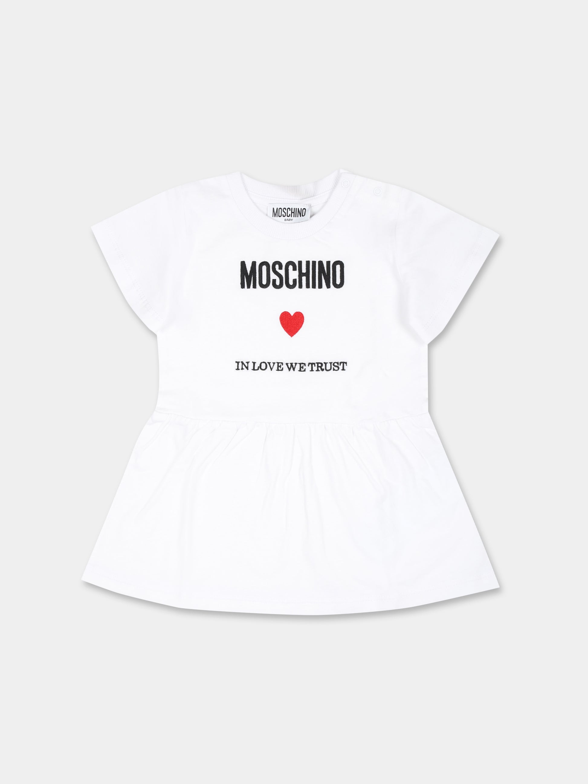 Vestito bianco per neonata con logo e cuore,Moschino Kids,MDV0BB LAA22 10101