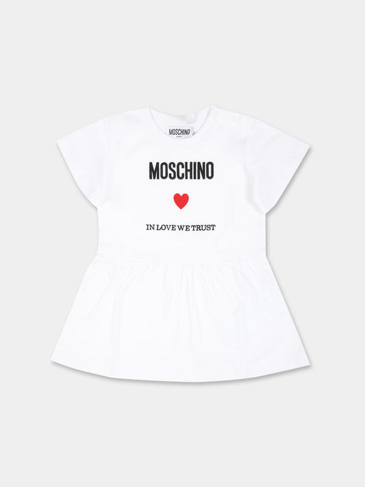 Vestito bianco per neonata con logo e cuore,Moschino Kids,MDV0BB LAA22 10101