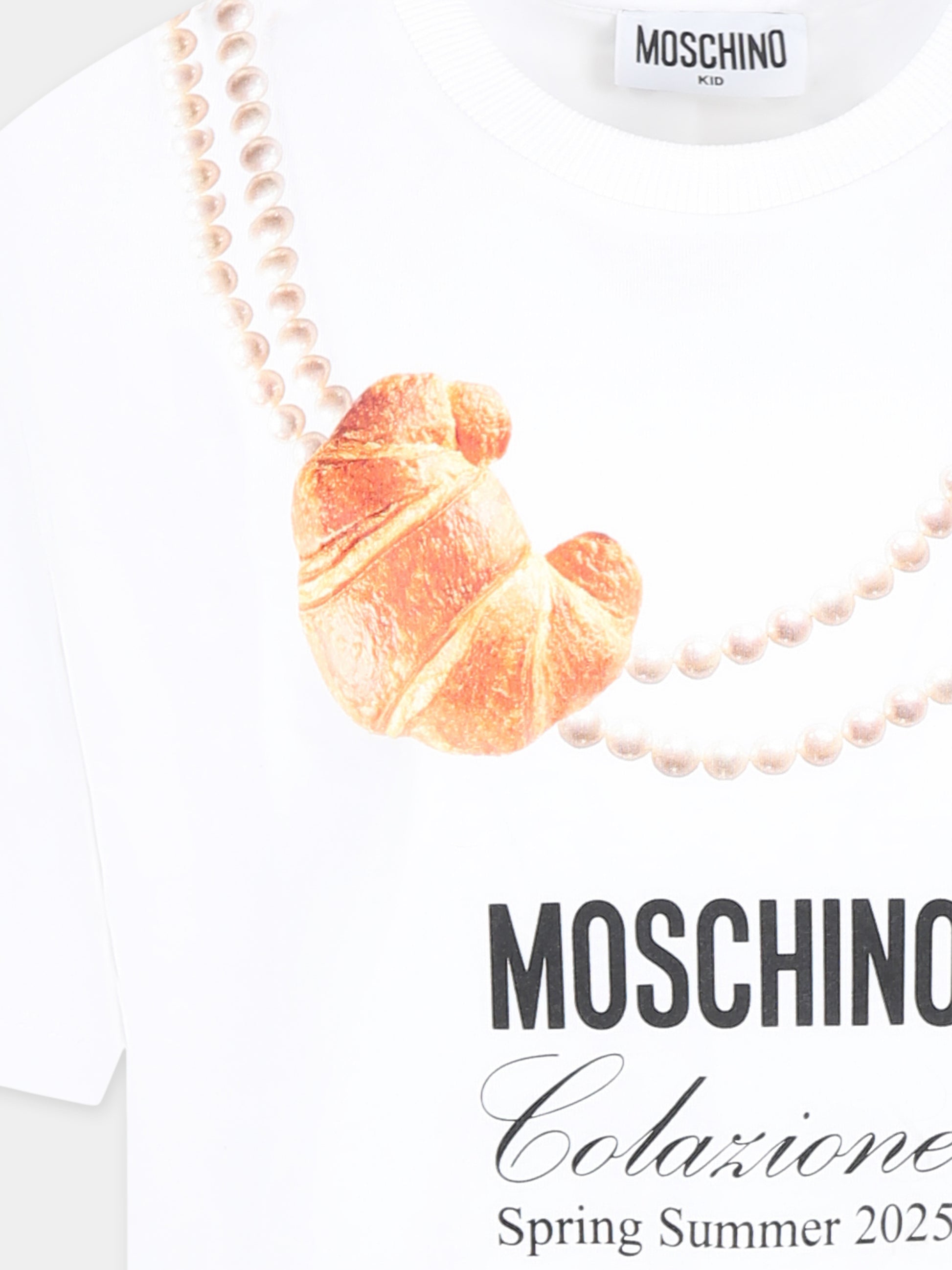 T-shirt bianca per bambina con stampa cornetto italiano,Moschino Kids,HIM060 LAA02 10101