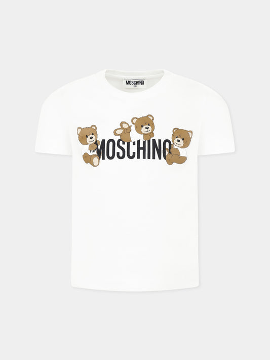 T-shirt bianca per bambini con tre Teddy Bears,Moschino Kids,HUM059 LAA23 10101