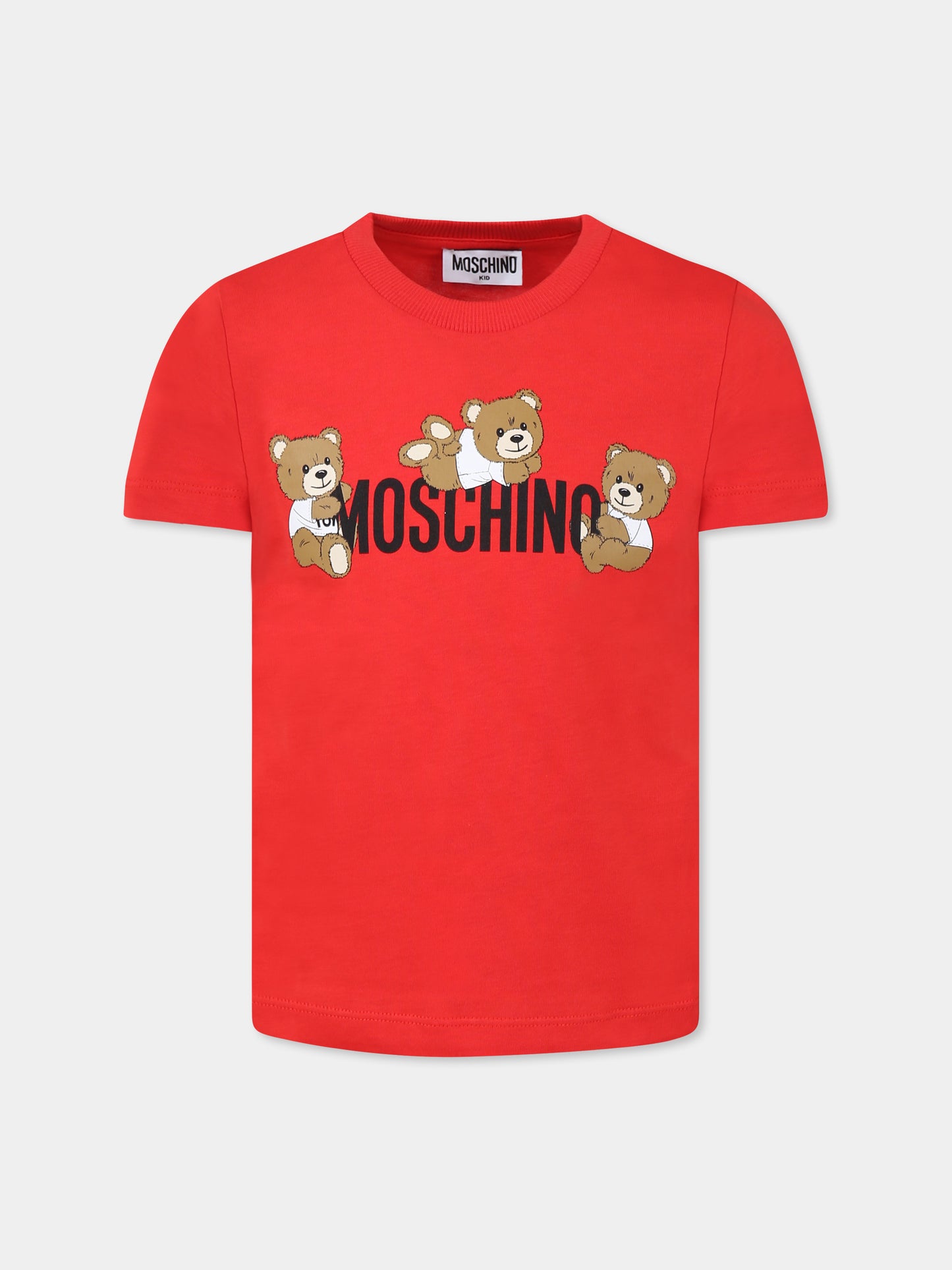 T-shirt rossa per bambini con tre Teddy Bears,Moschino Kids,HUM059 LAA23 50109