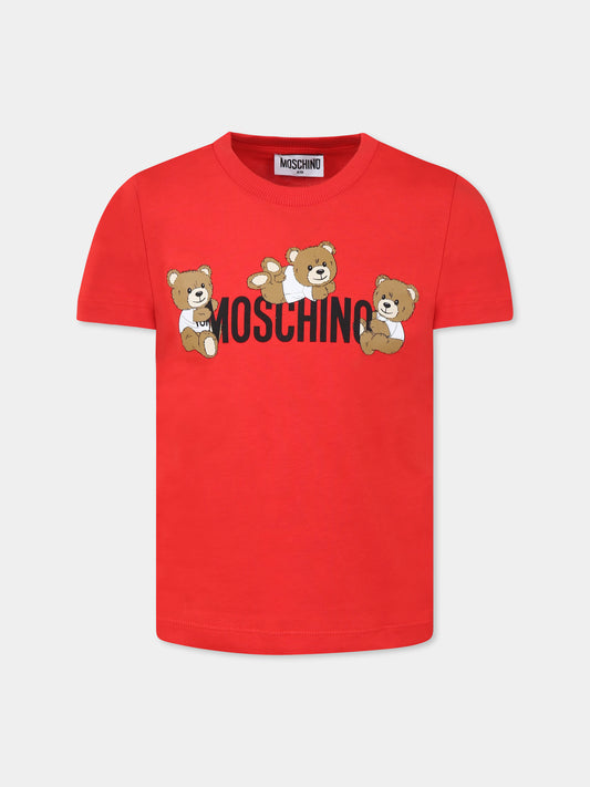 T-shirt rossa per bambini con tre Teddy Bears,Moschino Kids,HUM059 LAA23 50109