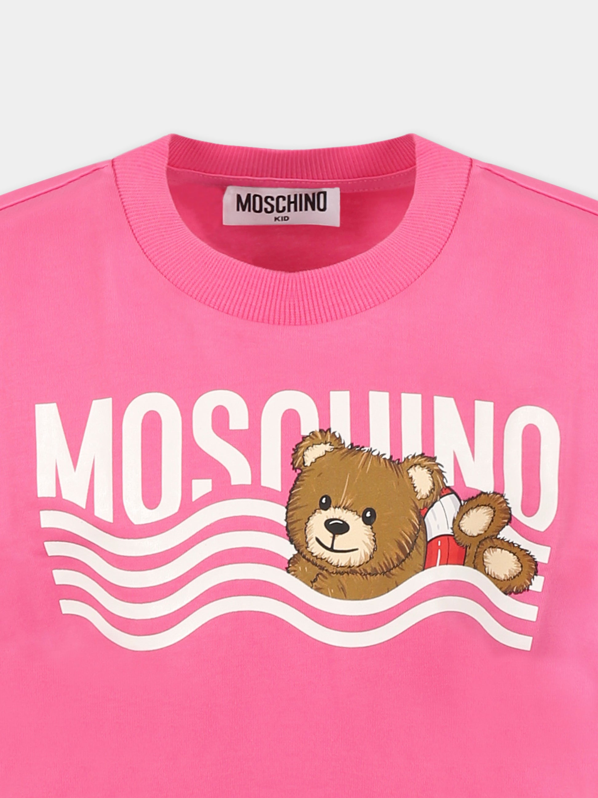 T-shirt fucsia per bambina con Teddy Bear e onde,Moschino Kids,HYM04K LAA24 50533