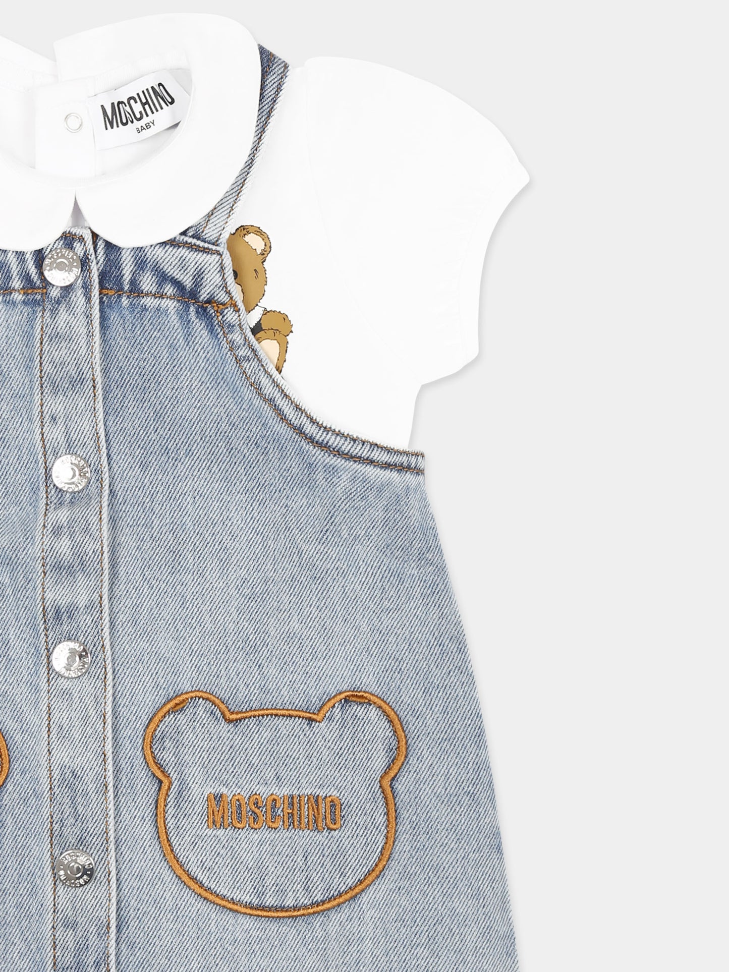 Salopette denim per neonata con Teddy Bear e logo,Moschino Kids,MDG019 L0E08 40186