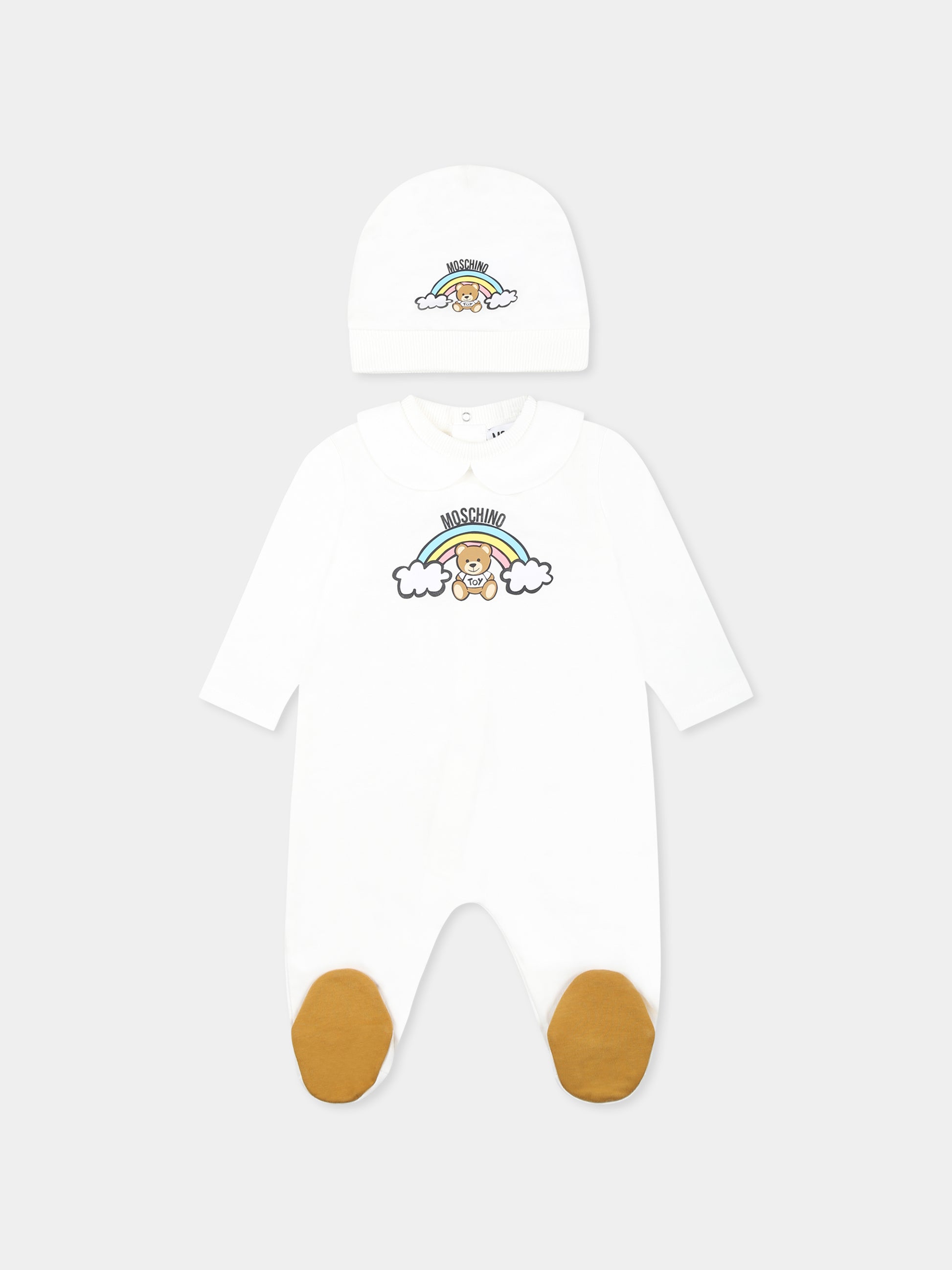 Set tutina avorio per neonati con Teddy Bear e arcobaleno,Moschino Kids,MMY065 LCA19 10063