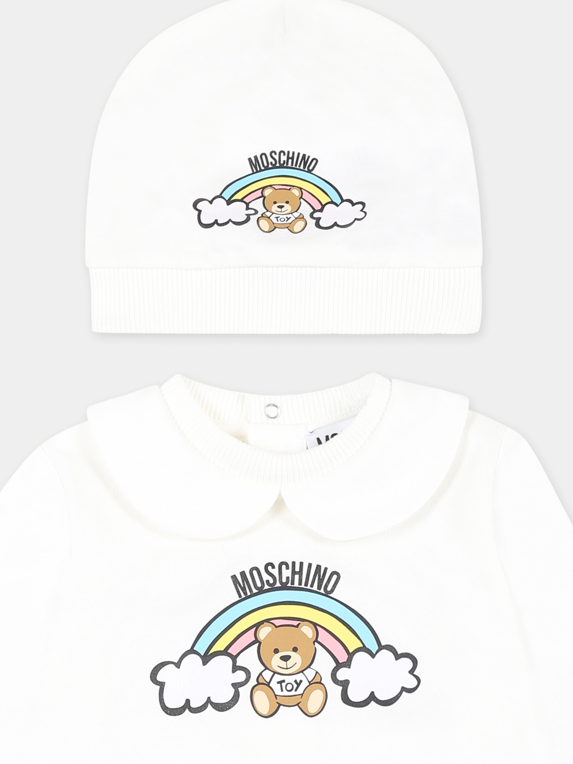 Set tutina avorio per neonati con Teddy Bear e arcobaleno,Moschino Kids,MMY065 LCA19 10063