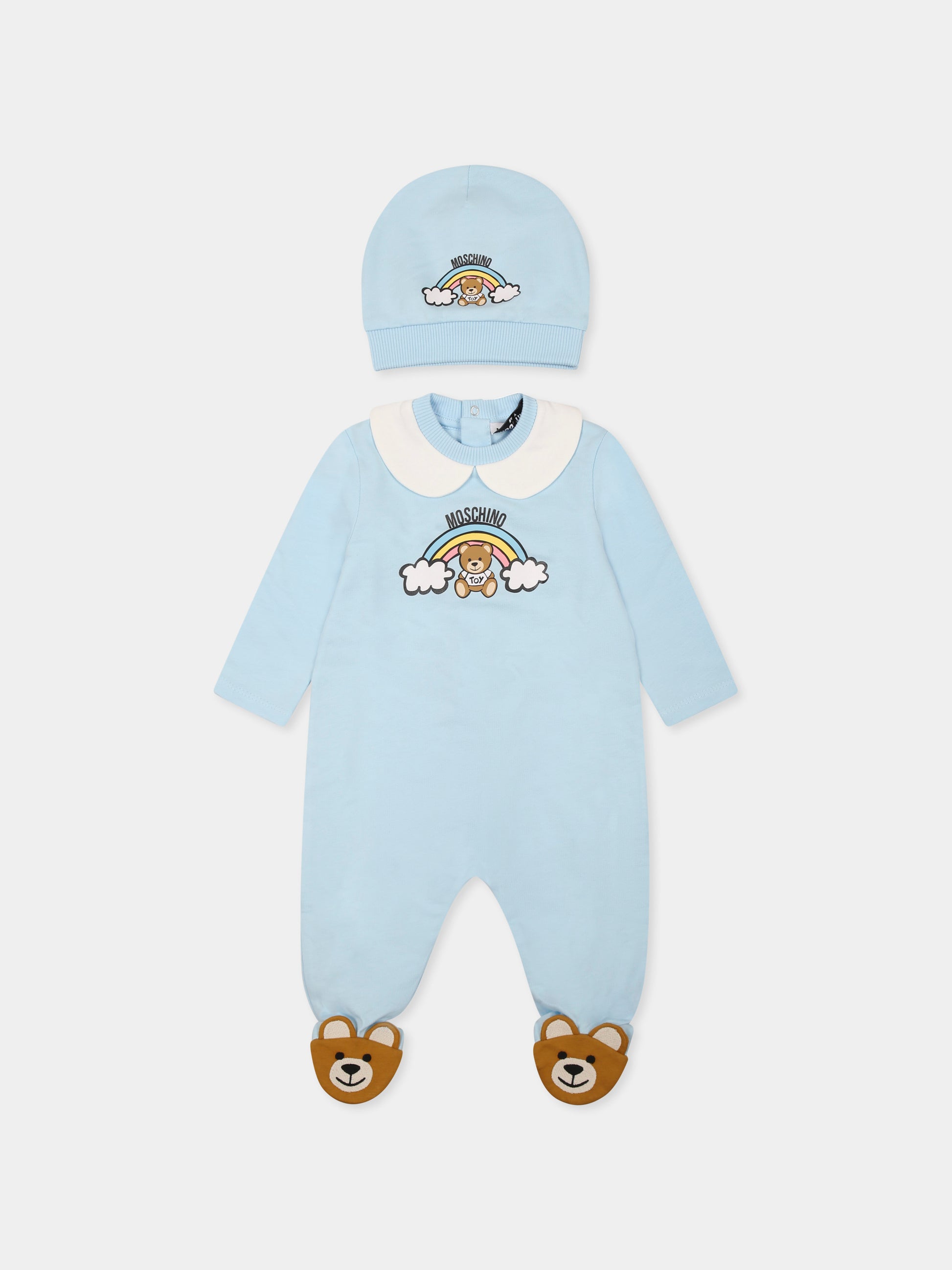 Set tutina celeste per neonato con Teddy Bear e arcobaleno,Moschino Kids,MMY065 LCA19 40304