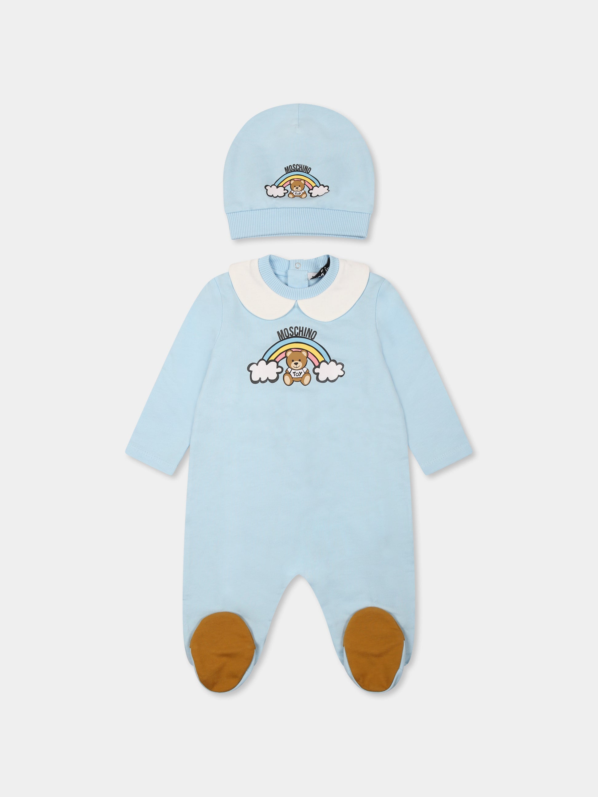 Set tutina celeste per neonato con Teddy Bear e arcobaleno,Moschino Kids,MMY065 LCA19 40304