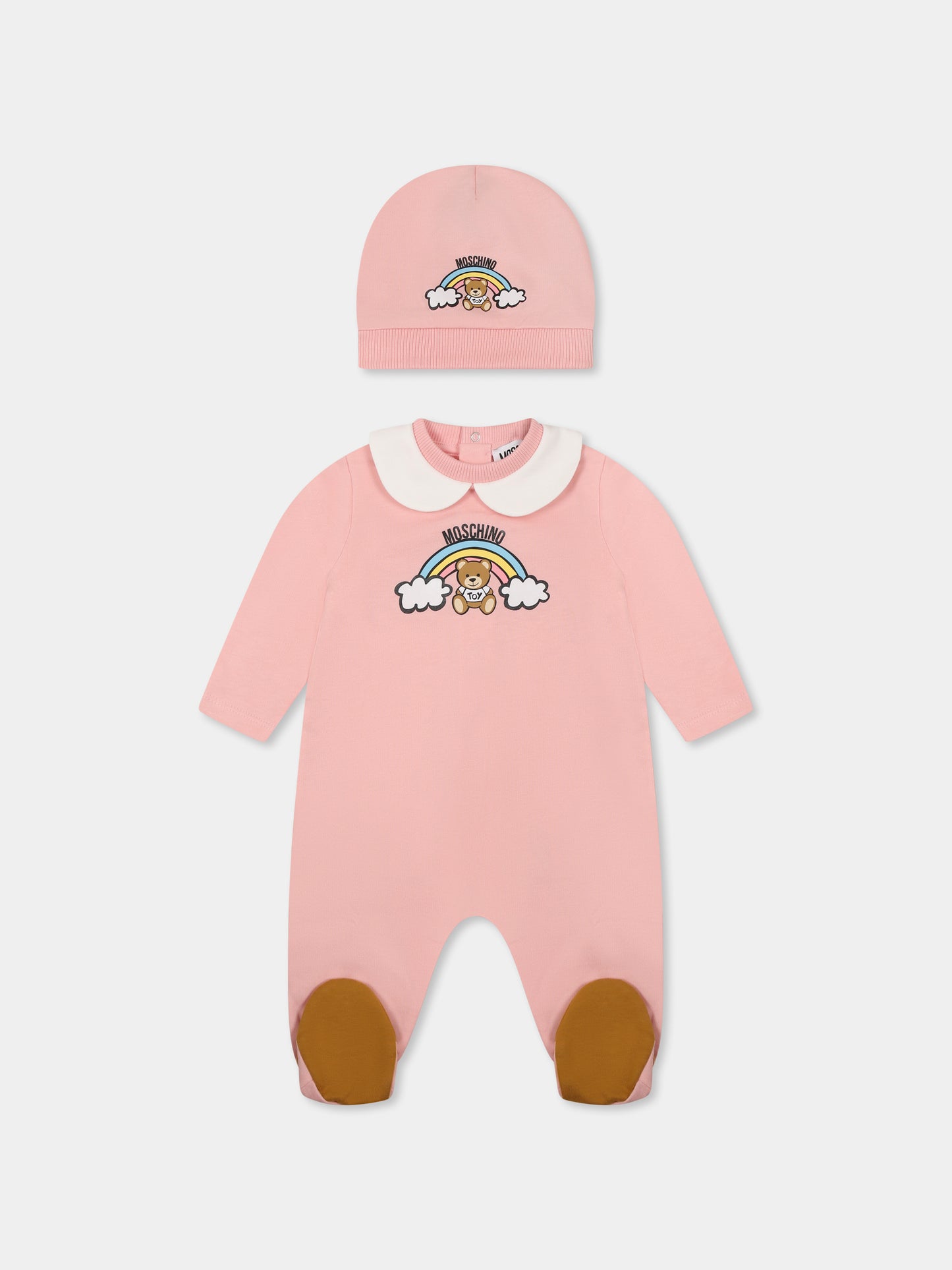 Set tutina rosa per neonata con Teddy Bear e arcobaleno,Moschino Kids,MMY065 LCA19 50209