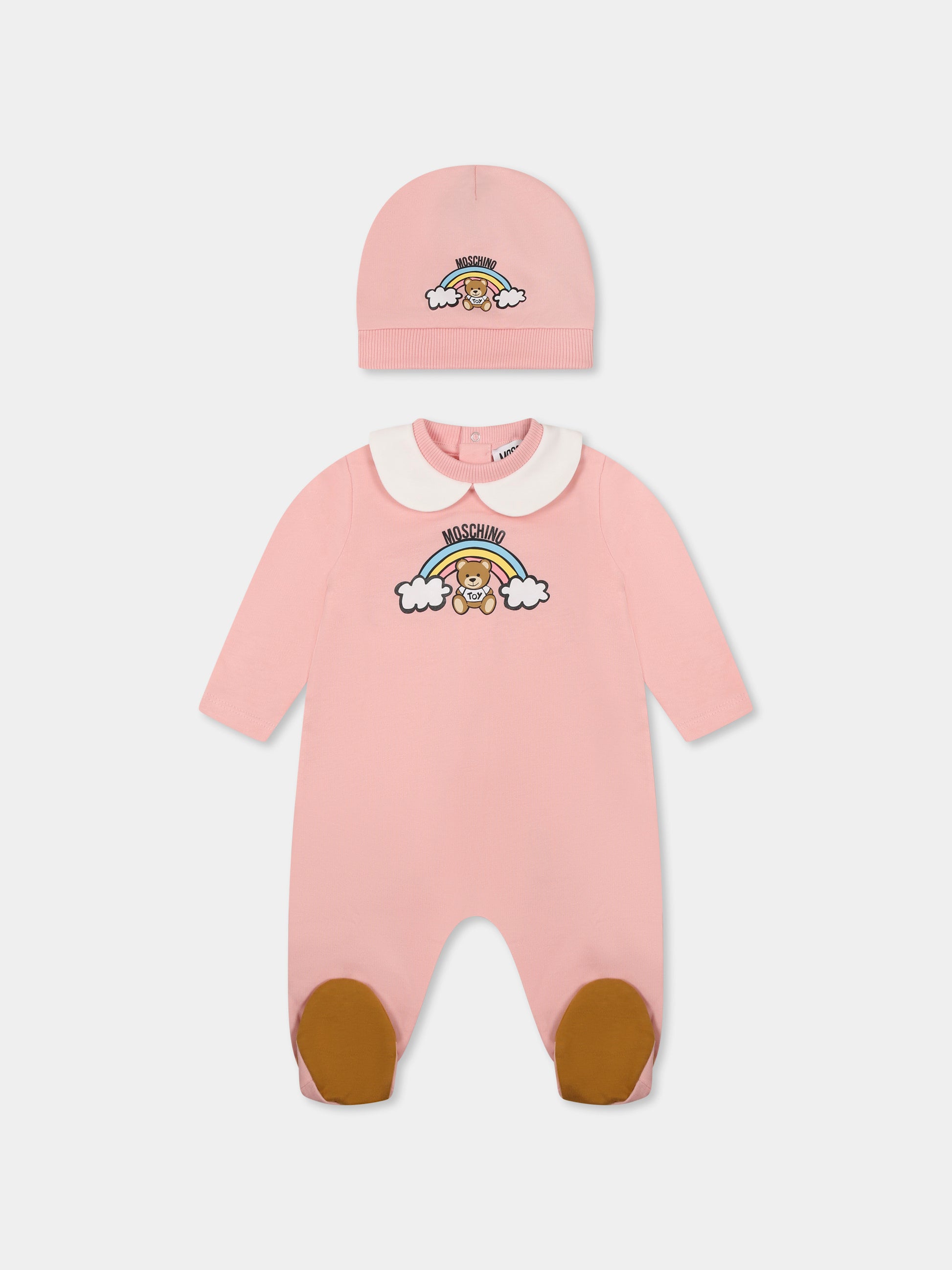 Set tutina rosa per neonata con Teddy Bear e arcobaleno,Moschino Kids,MMY065 LCA19 50209