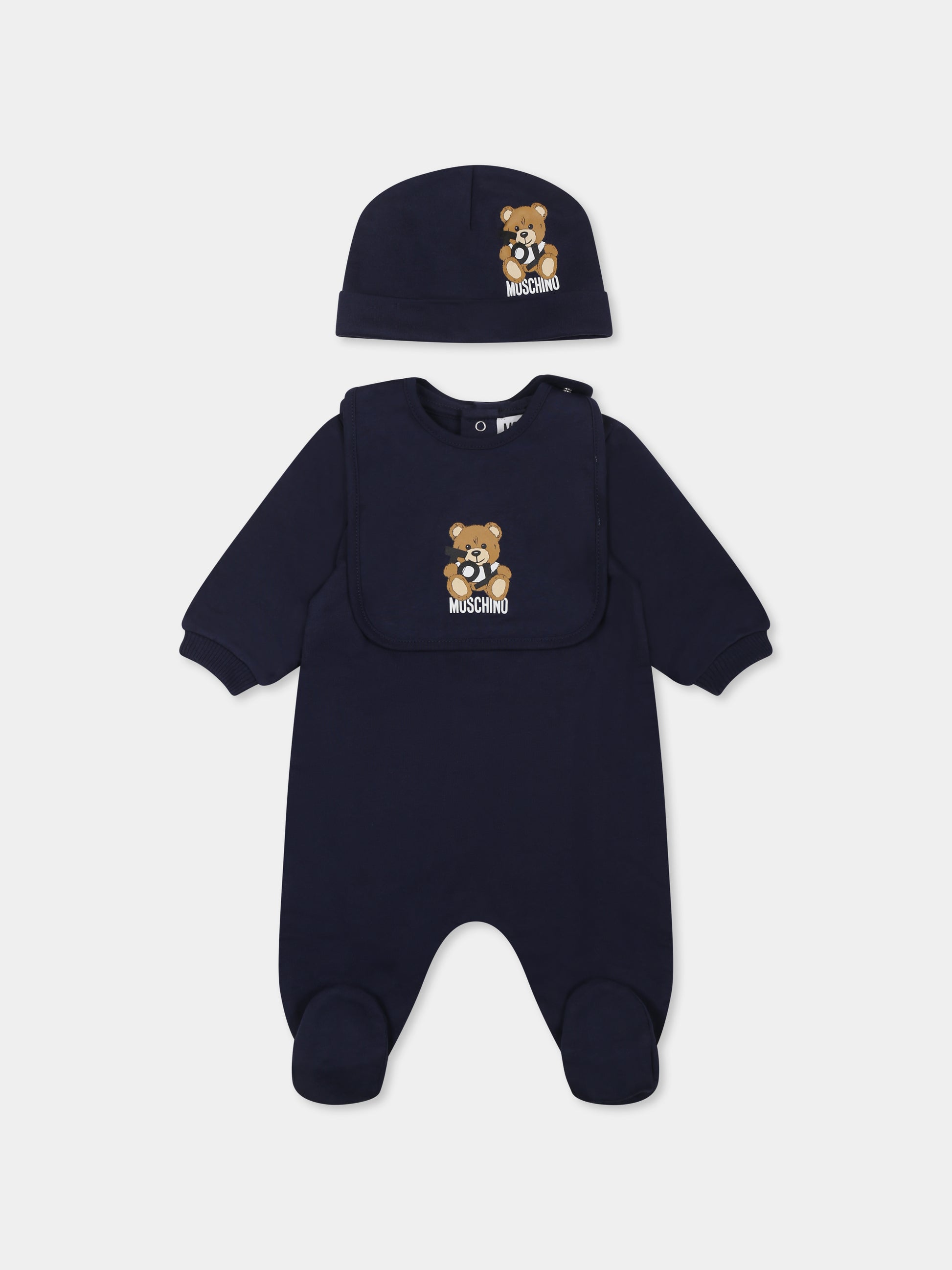Set blu per neonato con Teddy Bear e logo,Moschino Kids,MNY04G LCA19 40016