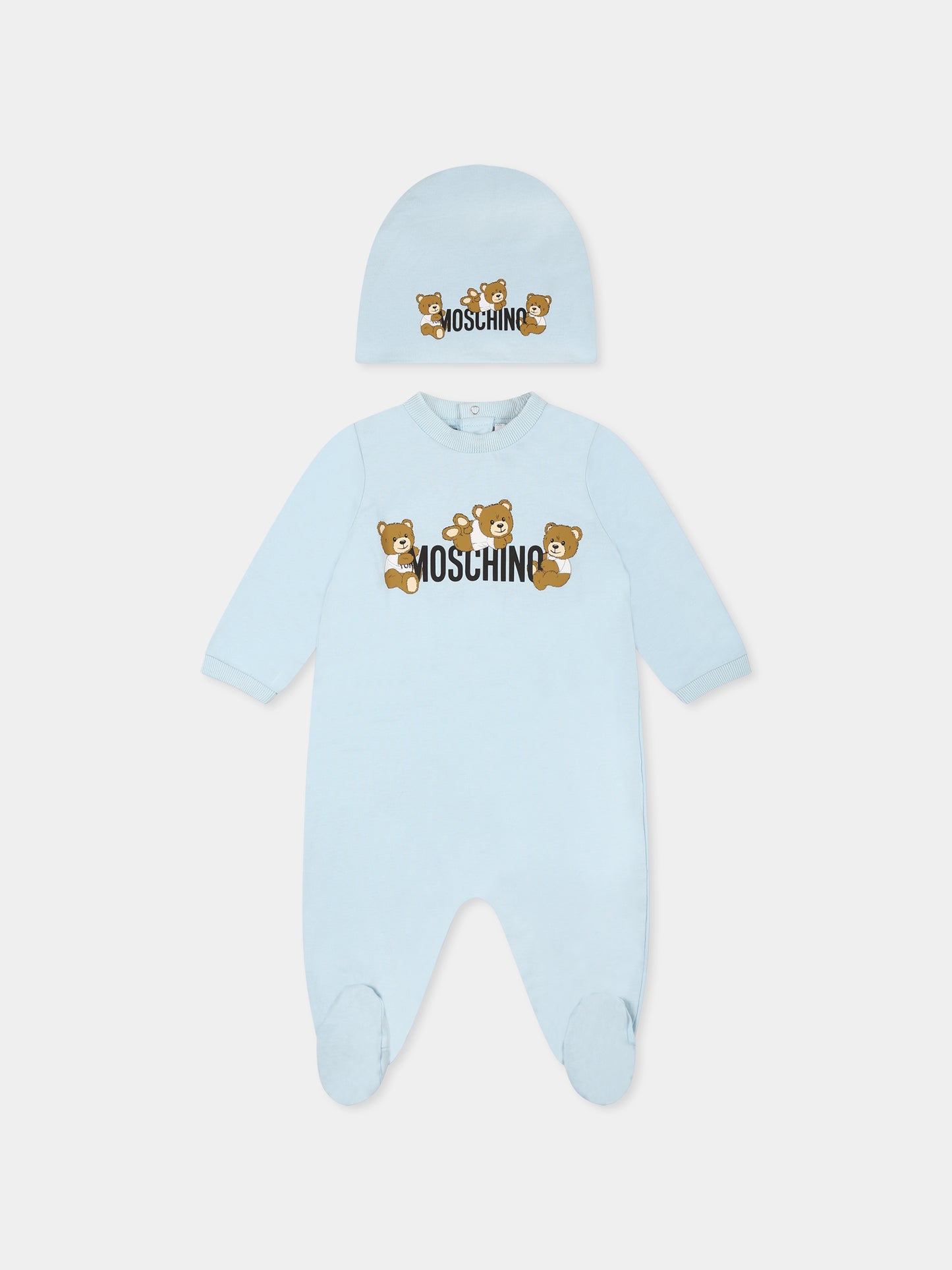 Set tutina celeste per neonato con tre Teddy Bears,Moschino Kids,MOY05Z LAA03 40304