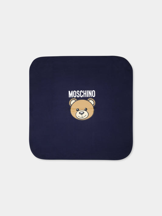 Coperta blu per neonati con Teddy Bear e logo,Moschino Kids,MUB00J LCA19 40016