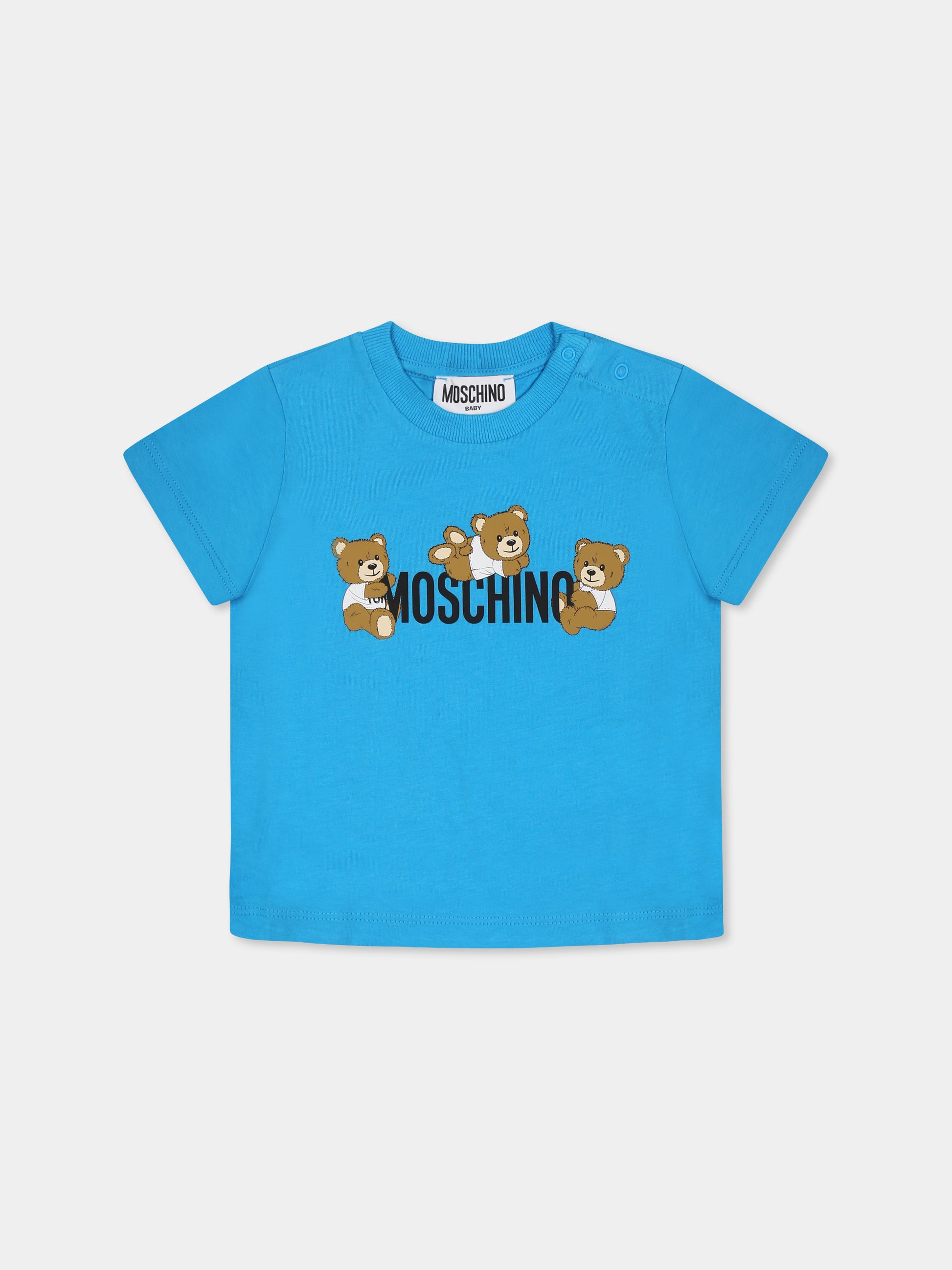 T-shirt azzurra per neonato con tre Teddy Bears,Moschino Kids,MUM04A LAA03 41047