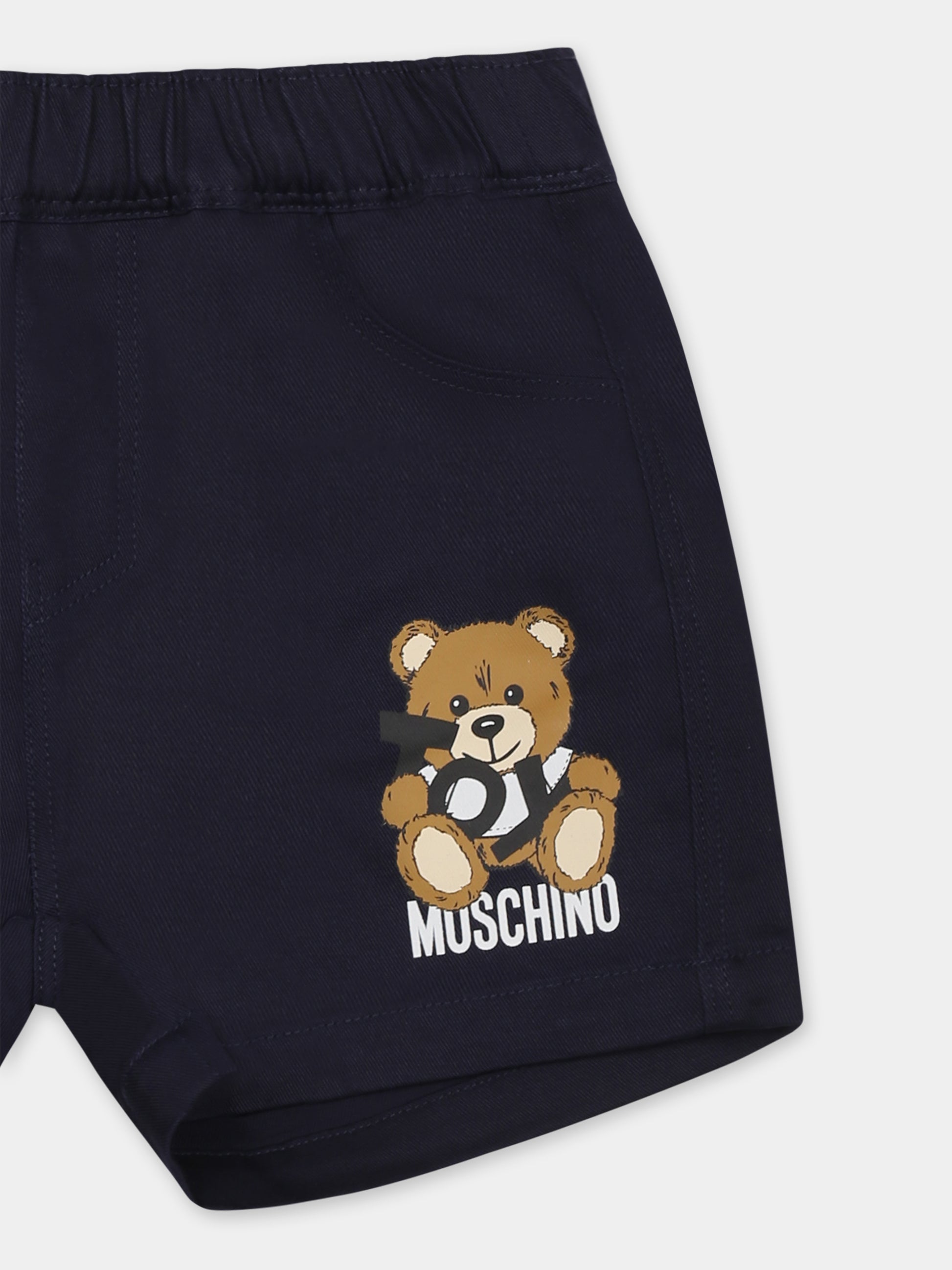 Shorts blu per neonato con Teddy Bear,Moschino Kids,MUQ018 LPA01 40016