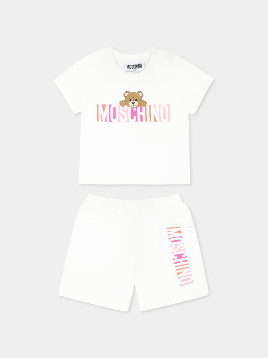 Completo bianco per neonata con Teddy Bear e logo,Moschino Kids,MVG00M LAA02 10063