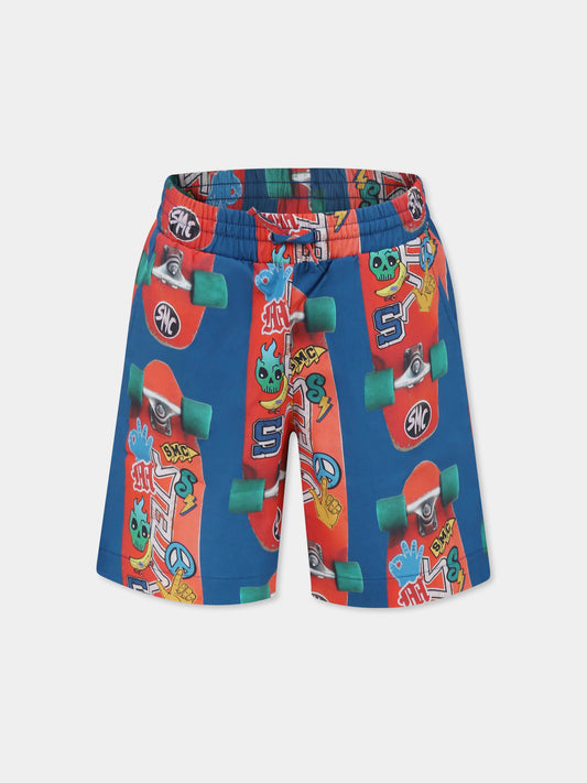 Shorts blu per bambino con skateboard all over,Stella Mccartney Kids,TW6Q99 Z2664 60JMC