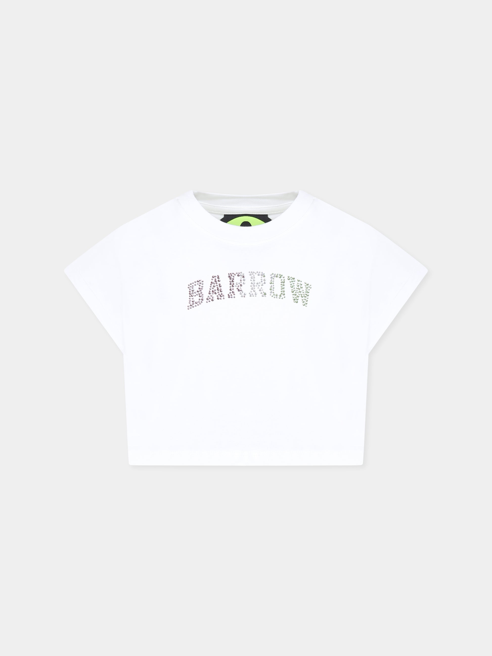 T-shirt crop bianca per bambina con logo e strass,Barrow,S5BKJGTH111 002