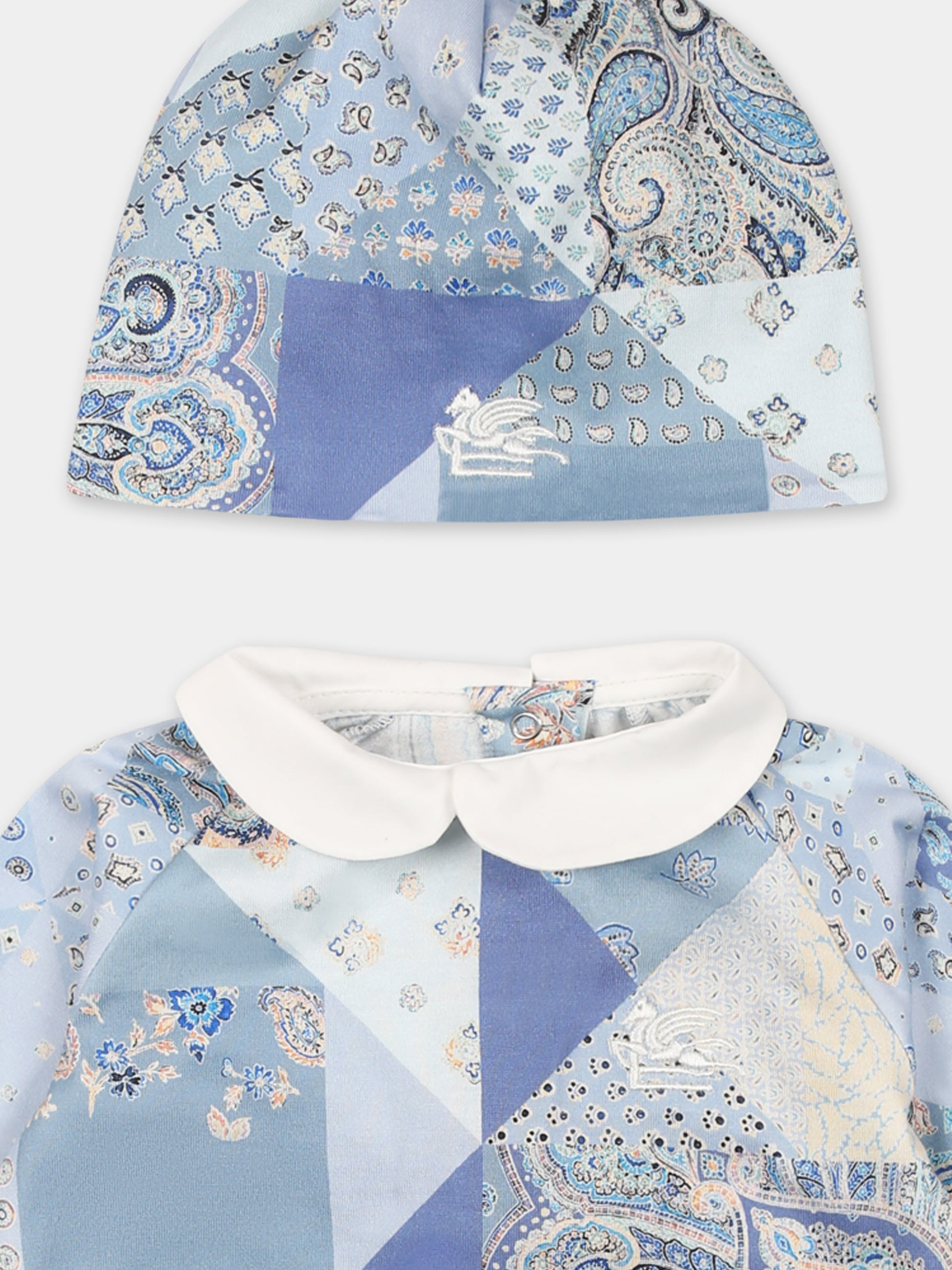 Set tutine celeste per neonato con stampa Paisley patchwork,Etro,GWB500 J0473 603CE