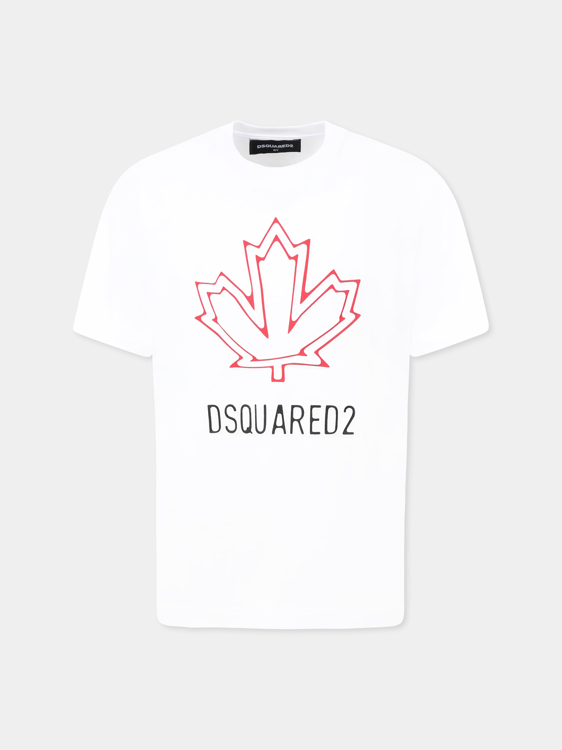 T-shirt bianca per bambino con iconica foglia d'acero e logo,Dsquared2,DQ2770 D0015 D2T1134U DQ100