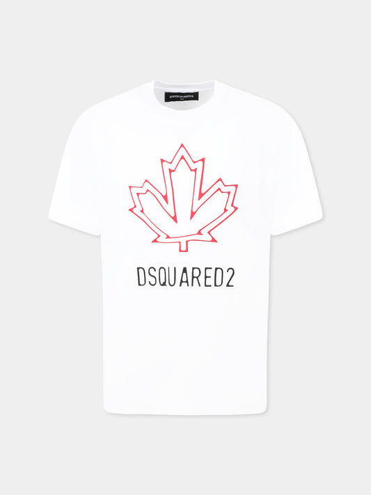 T-shirt bianca per bambino con iconica foglia d'acero e logo,Dsquared2,DQ2770 D0015 D2T1134U DQ100
