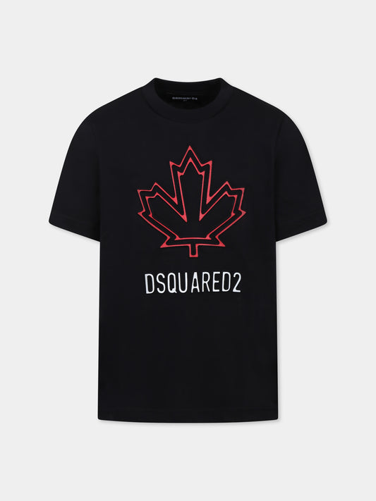 T-shirt nera per bambino con iconica foglia d'acero e logo,Dsquared2,DQ2770 D0015 D2T1134U DQ900