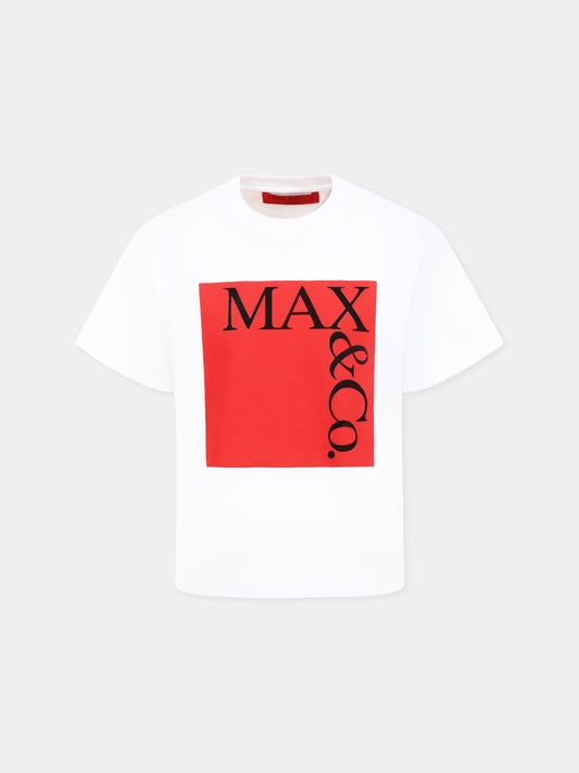T-shirt bianca per bambina con logo,Max&co,MX0005 MX057 MAXT1F MX10C