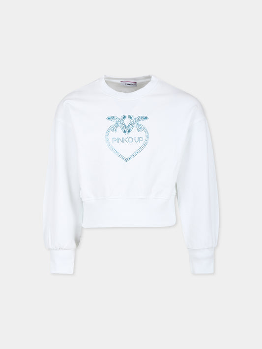 Felpa crop bianca per bambina con logo e strass,Pinko,S4PIBGSW133 001